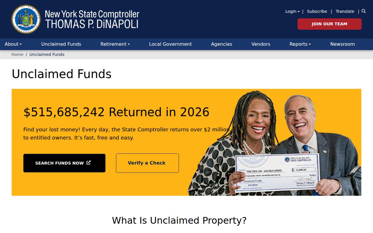 New York resident lookup at the Comptroller's unclaimed-funds search