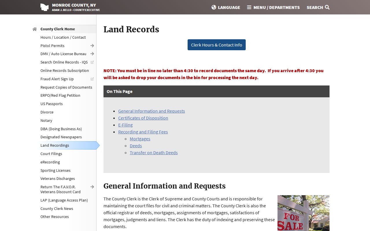 New York street directory research using the Monroe County Clerk land records page