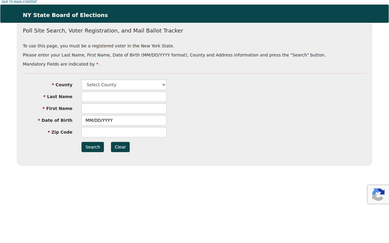 New York resident lookup form on NYS VoterLookup